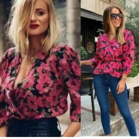 Zara Pink Floral Voluminous Printed Blouse Size Medium - Picture 1 of 8